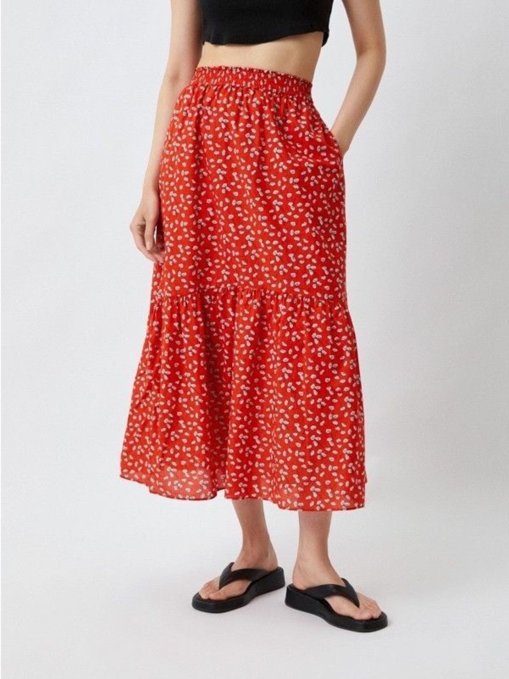 NWOT UNIQLO x Paul & Joe Small Women’s Red/ Orange Floral Tiered Maxi Skirt